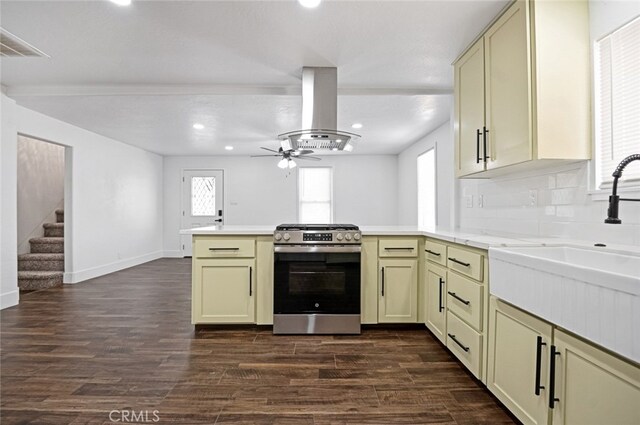 325 W Bush St, Lemoore, CA 93245 - kitchen featuring stainless steel range, island range hood, a peninsula, recessed lighting, and light countertops