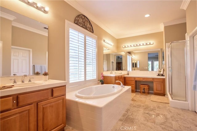 bathroom featuring vanity, a healthy amount of sunlight, crown molding, and independent shower and bath