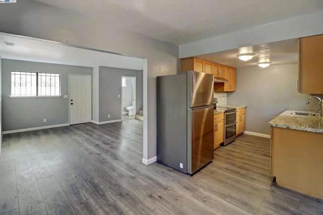 kitchen featuring light hardwood / wood-style flooring, stainless steel appliances, light brown cabinetry, and sink