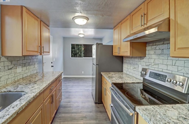 kitchen with light brown cabinetry, dark wood-type flooring, decorative backsplash, and stainless steel appliances