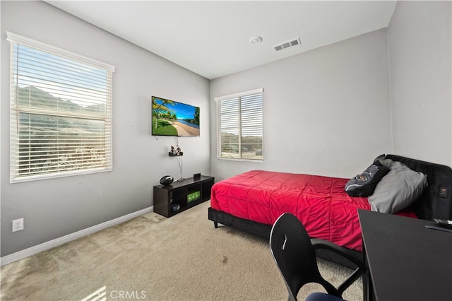 carpeted bedroom featuring multiple windows