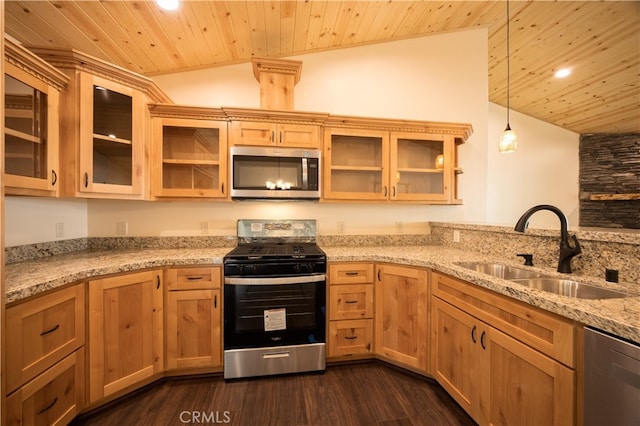 kitchen with wood ceiling, dark hardwood / wood-style floors, sink, vaulted ceiling, and appliances with stainless steel finishes