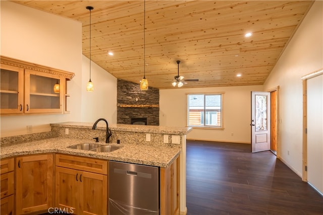 kitchen featuring wood ceiling, hanging light fixtures, dark hardwood / wood-style flooring, dishwasher, and sink