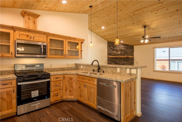 kitchen featuring sink, wood ceiling, stainless steel appliances, light stone counters, and dark hardwood / wood-style floors