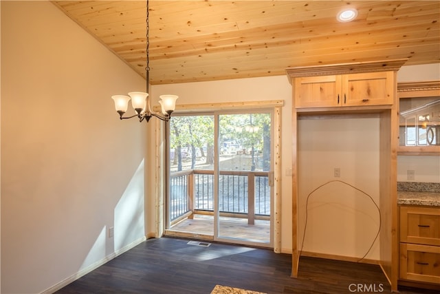 interior space featuring lofted ceiling, dark wood-type flooring, an inviting chandelier, and wooden ceiling