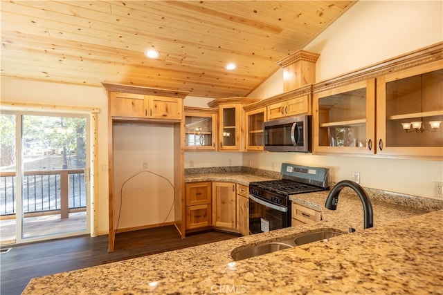 kitchen with lofted ceiling, wood ceiling, black range with gas cooktop, light stone counters, and dark hardwood / wood-style flooring