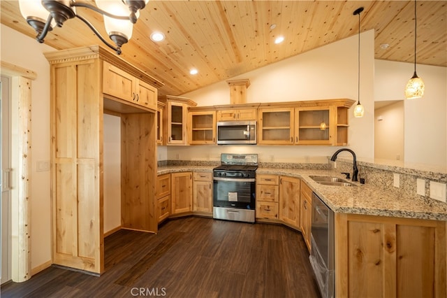 kitchen with kitchen peninsula, stainless steel appliances, sink, vaulted ceiling, and decorative light fixtures