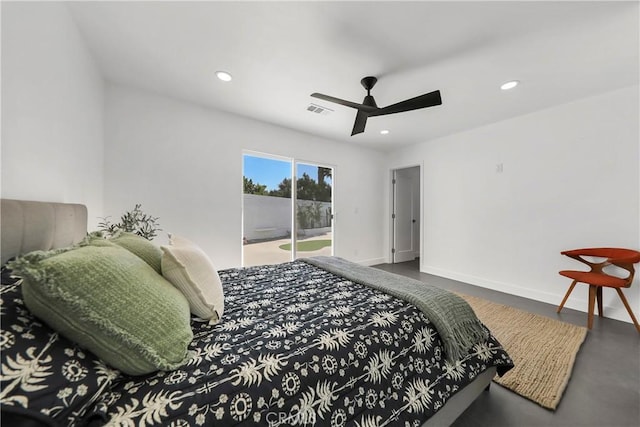 bedroom with ceiling fan and access to outside