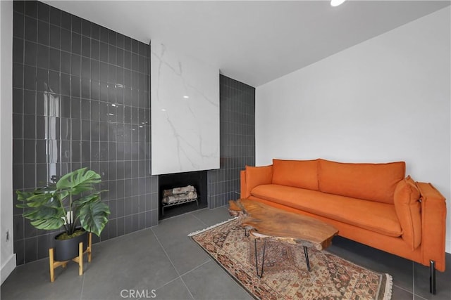 tiled living room with tile walls