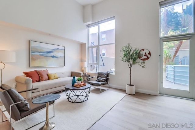 living room featuring light hardwood / wood-style flooring and a high ceiling