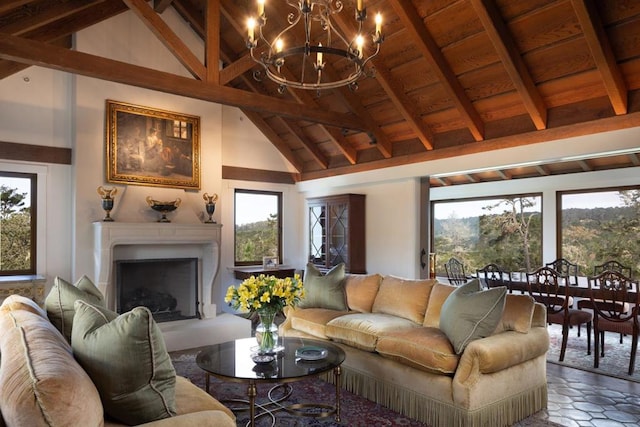 living room with a wealth of natural light, beam ceiling, high vaulted ceiling, and wooden ceiling