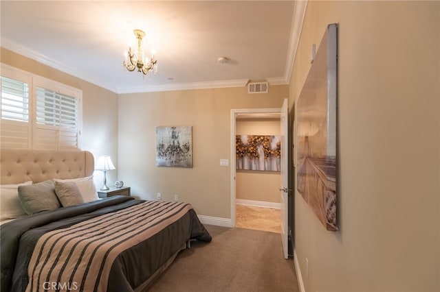 carpeted bedroom featuring ornamental molding and a chandelier