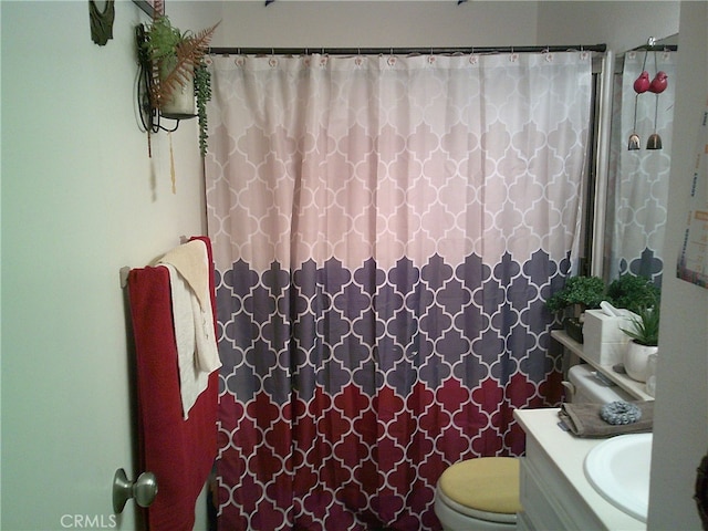 bathroom featuring vanity, a shower with shower curtain, and toilet