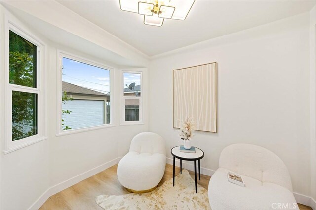 sitting room with a chandelier and wood-type flooring