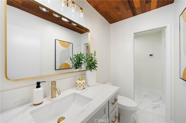 bathroom with vanity, wood ceiling, and toilet