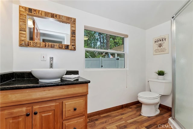 bathroom with vanity, toilet, wood-type flooring, and a shower with door