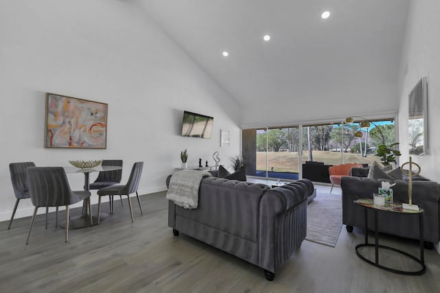 living room with hardwood / wood-style floors and high vaulted ceiling