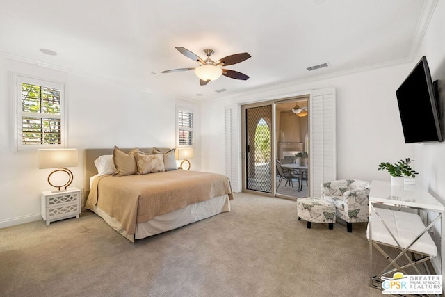 carpeted bedroom featuring access to outside, ornamental molding, and ceiling fan