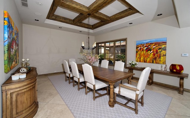 dining area featuring coffered ceiling, light tile patterned floors, and a raised ceiling