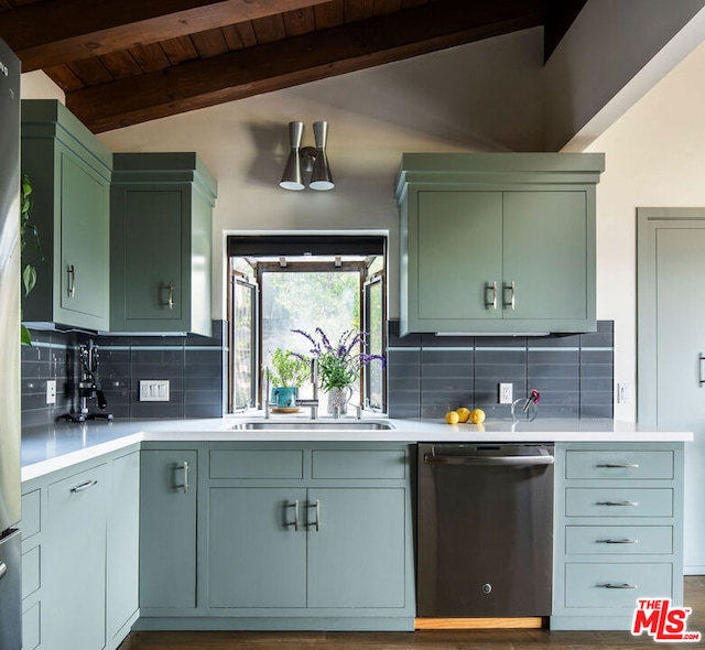 kitchen featuring wooden ceiling, decorative backsplash, dishwasher, green cabinetry, and sink