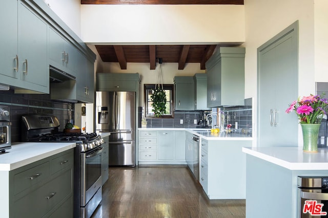 kitchen featuring appliances with stainless steel finishes, wood ceiling, dark wood-type flooring, tasteful backsplash, and beam ceiling