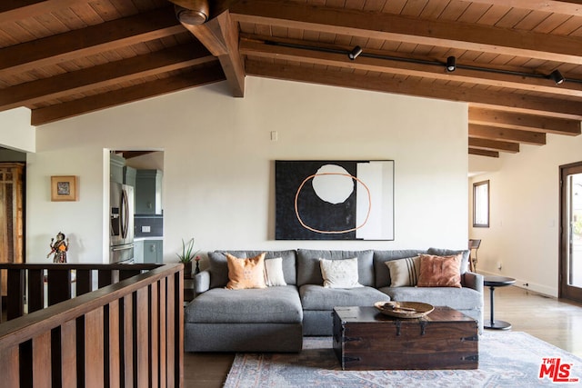 living room with wooden ceiling, wood-type flooring, and vaulted ceiling with beams