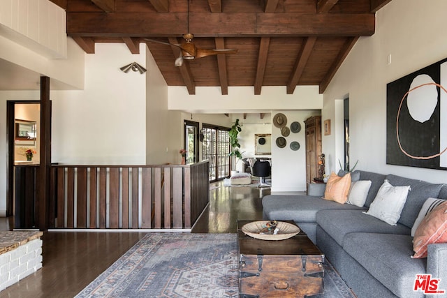 living room featuring ceiling fan, wooden ceiling, dark hardwood / wood-style flooring, and lofted ceiling with beams