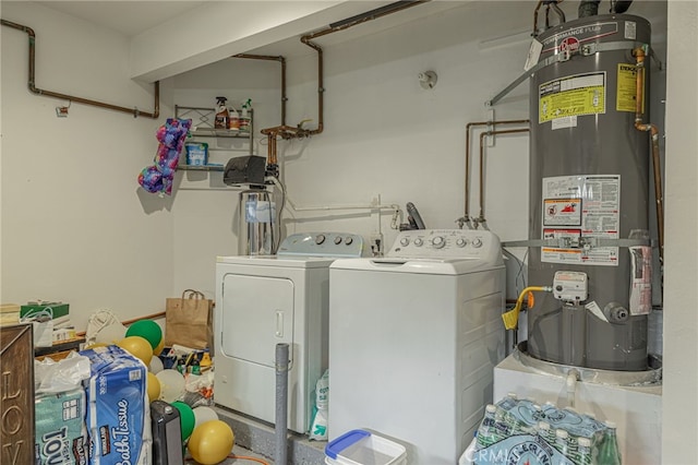 laundry area with water heater and washer and dryer