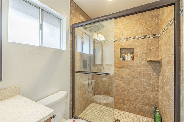 bathroom with vanity, toilet, and walk in shower