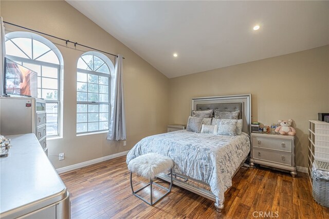 bedroom featuring lofted ceiling and dark wood-type flooring