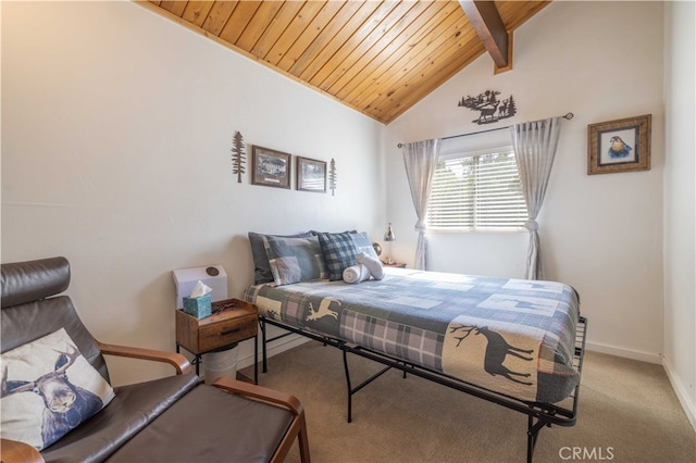 carpeted bedroom featuring vaulted ceiling with beams and wood ceiling