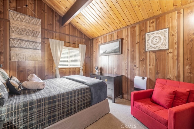 bedroom featuring wood ceiling, carpet floors, lofted ceiling with beams, and wood walls