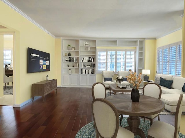 dining room featuring ornamental molding, built in features, and dark hardwood / wood-style flooring