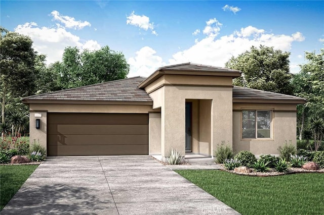 prairie-style house with a front lawn and a garage