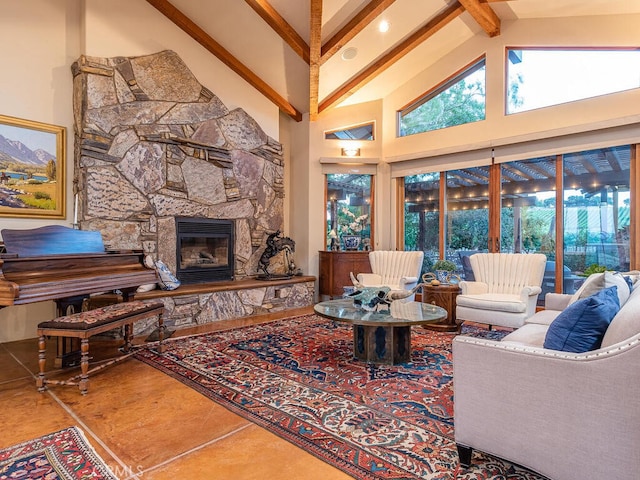 tiled living room featuring beam ceiling, high vaulted ceiling, and a fireplace