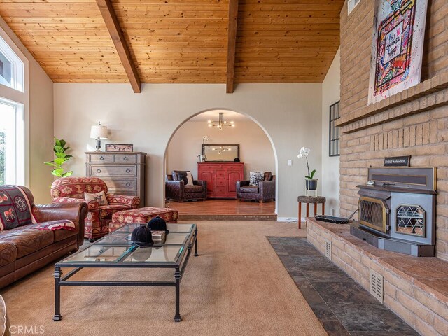 living room featuring carpet flooring, high vaulted ceiling, wooden ceiling, and beamed ceiling