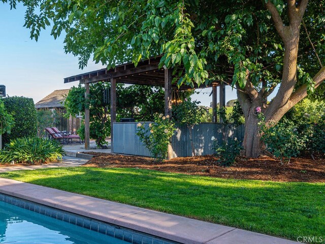 view of pool with a patio area and a lawn