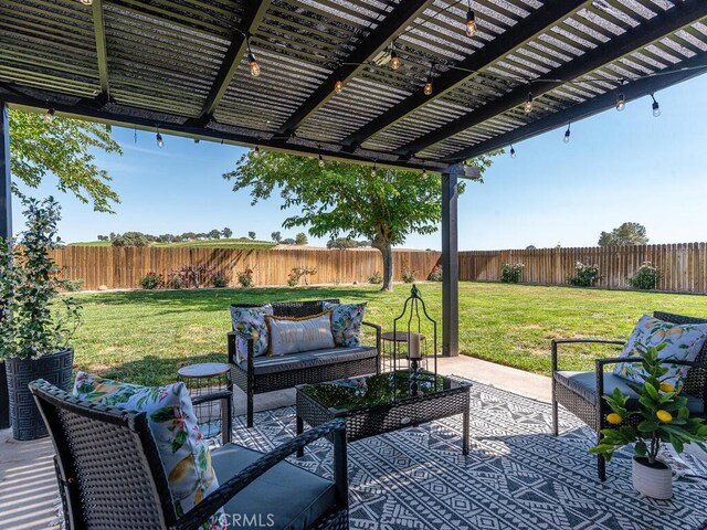 view of patio / terrace featuring an outdoor living space and a pergola