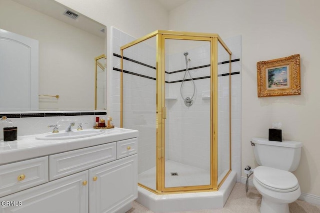 bathroom featuring walk in shower, decorative backsplash, vanity, and toilet