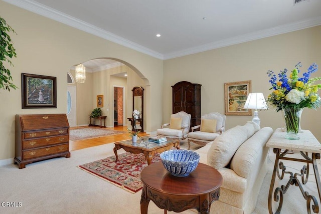 living room with light carpet and ornamental molding