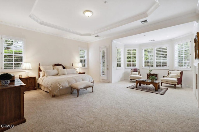 bedroom with a raised ceiling, light colored carpet, and multiple windows