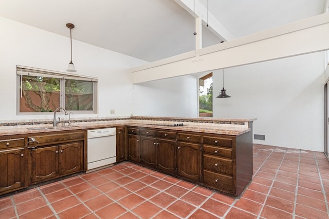 kitchen with beamed ceiling, dishwasher, sink, and hanging light fixtures