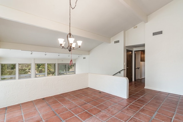 tiled empty room featuring lofted ceiling with beams and an inviting chandelier