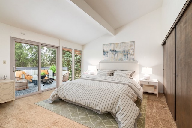 bedroom with vaulted ceiling with beams, light carpet, and access to outside