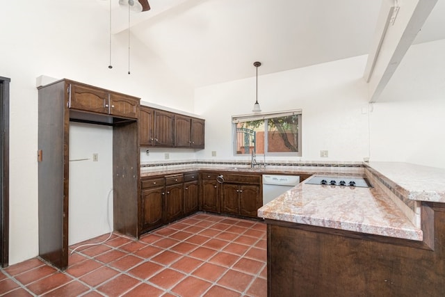 kitchen featuring pendant lighting, dishwasher, beam ceiling, and black electric cooktop