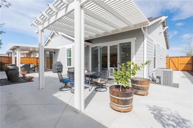 view of patio with an outdoor hangout area, central AC, grilling area, and a pergola