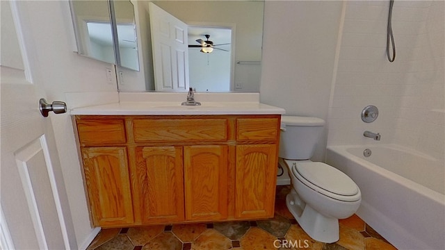 full bathroom featuring vanity, toilet, shower / bathing tub combination, and ceiling fan