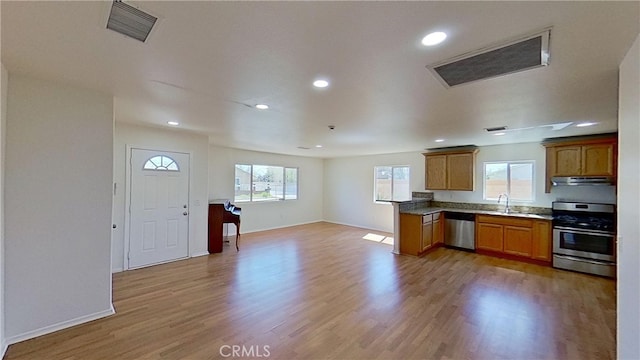 kitchen with kitchen peninsula, stainless steel appliances, wood-type flooring, and sink