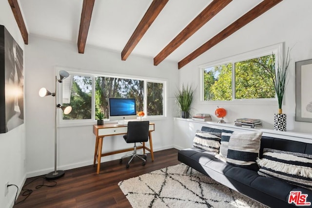 office featuring lofted ceiling with beams and dark hardwood / wood-style floors