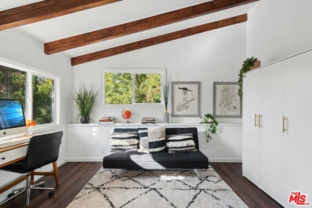 home office featuring vaulted ceiling with beams and dark hardwood / wood-style floors